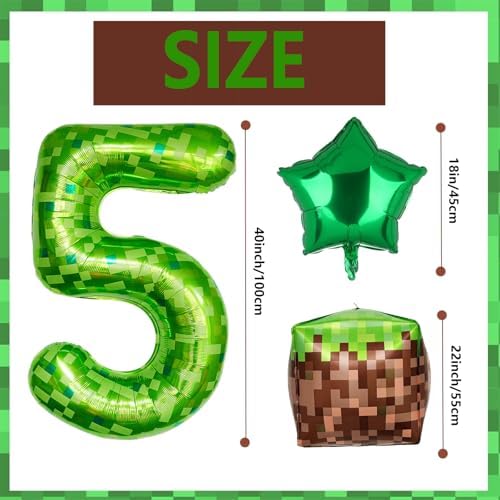 40 Inch Green Pixel Number 5 Foil Balloon Set