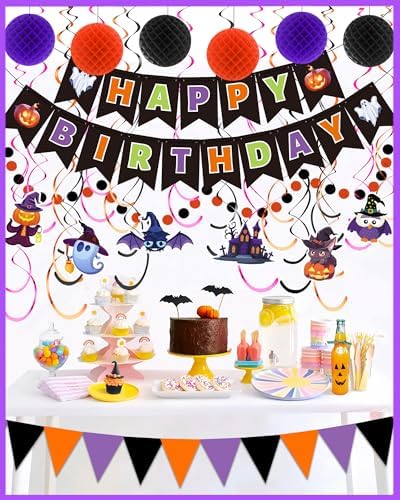 Happy Birthday Banner Decorations with Pom Poms and Swirls