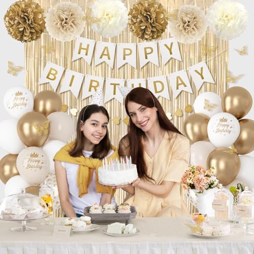 Ouddy Party White and Gold Birthday Decorations