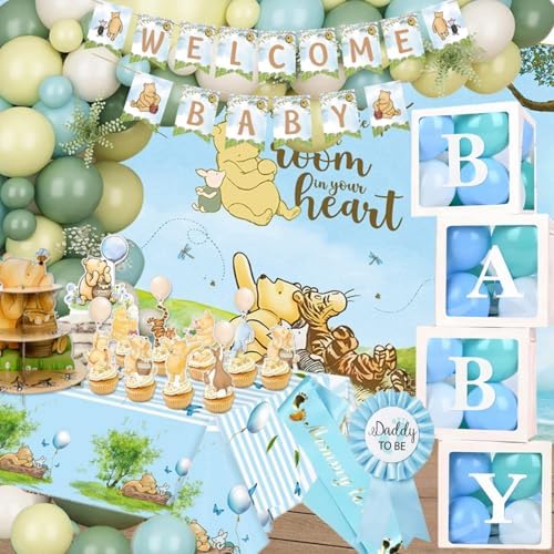164PCS Blue Winnie Baby Shower Decorations Set
