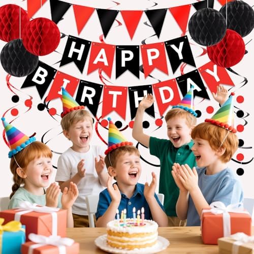 Red Black Happy Birthday Banner Decorations