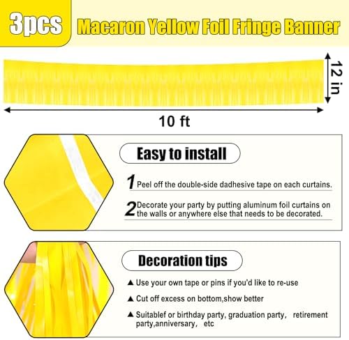 3 Pack Yellow Metallic Foil Fringe Garland for Decorations