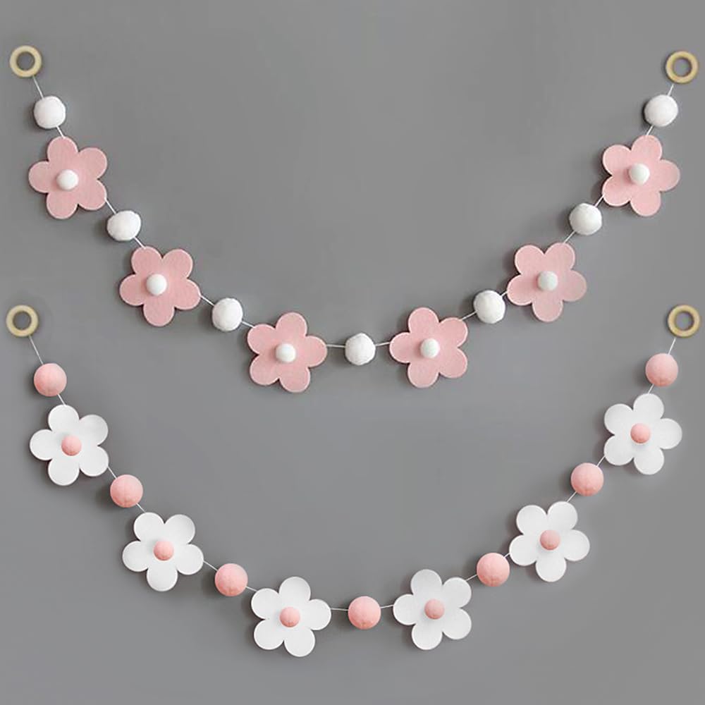 2 Pcs Felt Garland White Pink Flower Decor Banners