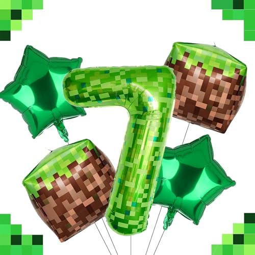 40 Inch Green Pixel Number 7 Foil Balloon Set 5Pcs