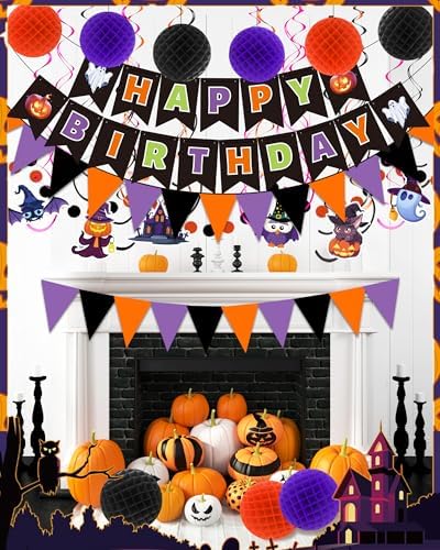 Happy Birthday Banner Decorations with Pom Poms and Swirls