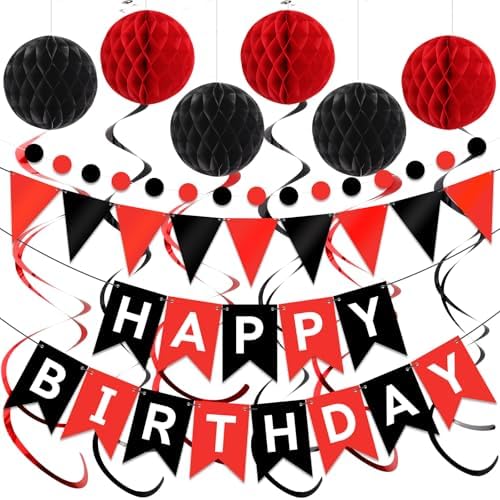 Red Black Happy Birthday Banner Decorations