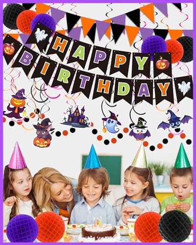 Happy Birthday Banner Decorations with Pom Poms and Swirls