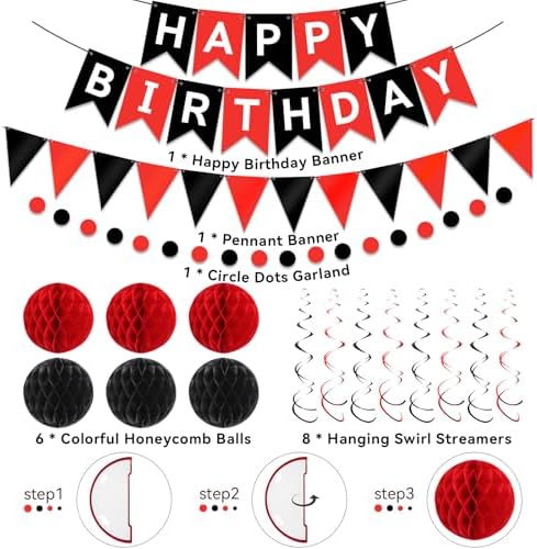 Red Black Happy Birthday Banner Decorations