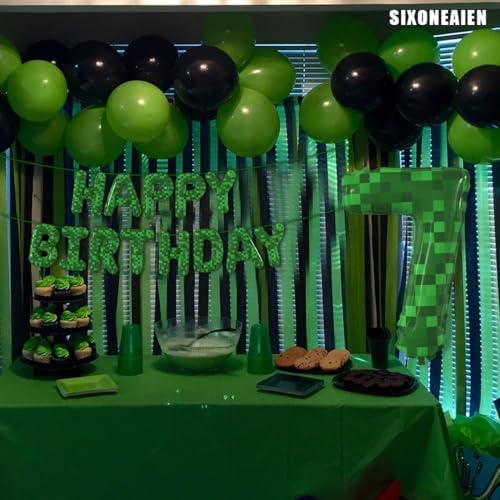 Green Pixel Miner Theme Birthday Foil Balloons