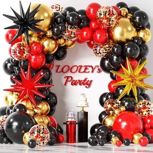 LOOLEY 137Pcs Red Black Gold Balloons Garland Arch Kit with Stars