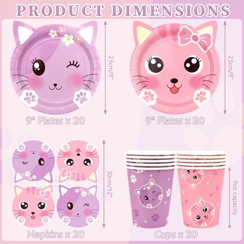 Cat Birthday Party Supplies Set 20 Piece Tableware for Kids