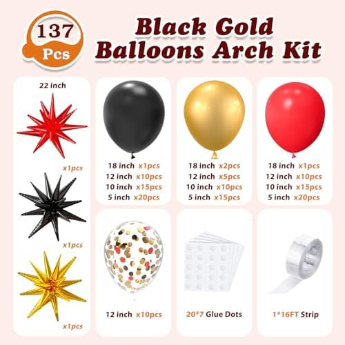 LOOLEY 137Pcs Red Black Gold Balloons Garland Arch Kit with Stars