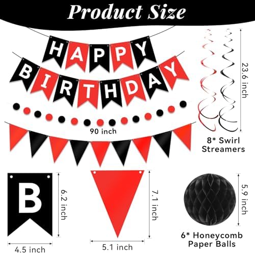 Red Black Happy Birthday Banner Decorations