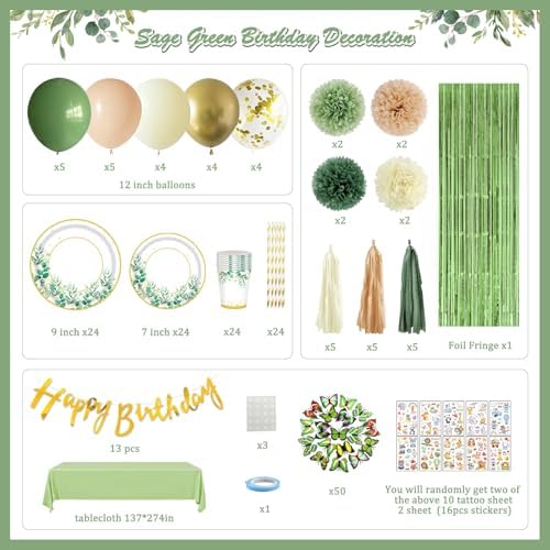226 Pcs Sage Green Birthday Decorations for Women Girls