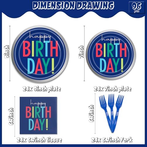 96Pcs Dark Blue Birthday Tableware Set for 24 Guests