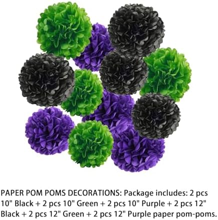 12pcs Black Green Purple Paper Pom Poms Halloween Decorations