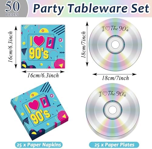 CHUNNIN 50Pcs Retro 90s Party Plates and Napkins Set