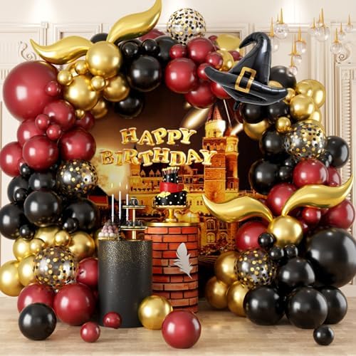 Burgundy Black Gold Balloon Arch Kit with DIY Hat and Wings