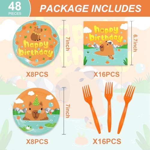 48Pcs Kapybara Cartoon Animal Party Tableware Set for 16 Guests