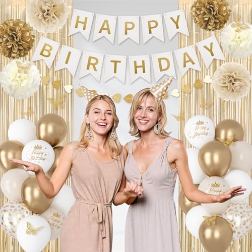 Ouddy Party White and Gold Birthday Decorations