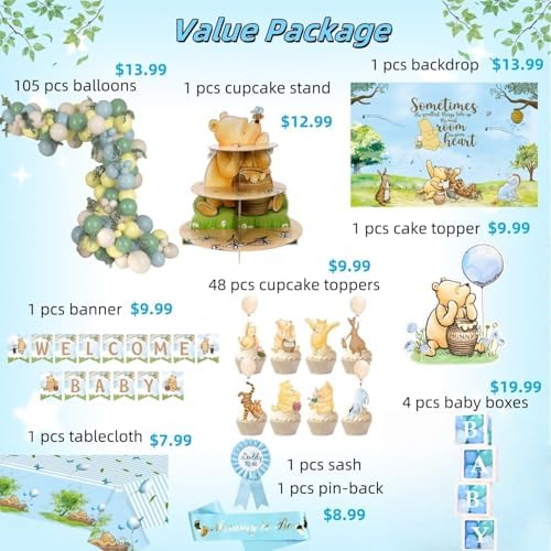 164PCS Blue Winnie Baby Shower Decorations Set