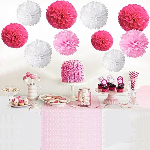 Wartoon Tissue Paper Pom Poms Flowers Set 12 Pieces Hot Pink Pink White