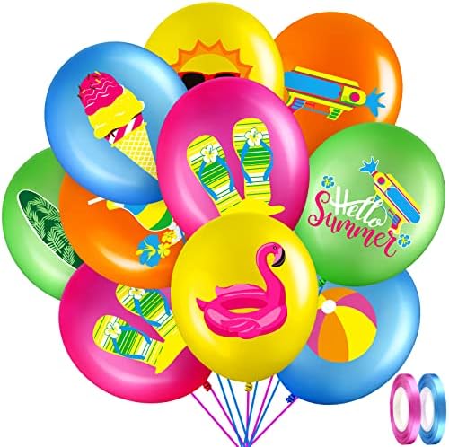 Threan 50 Pcs Summer Party Balloons with Ribbons 12 Inches