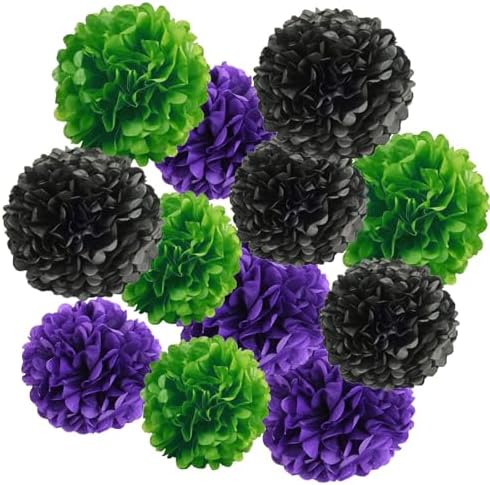 12pcs Black Green Purple Paper Pom Poms Halloween Decorations