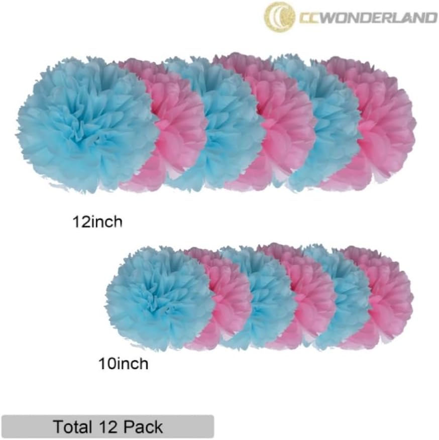 Pink and Blue Tissue Paper Pom Poms Set of 12
