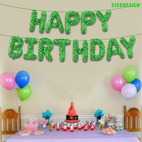 Green Pixel Miner Theme Birthday Foil Balloons