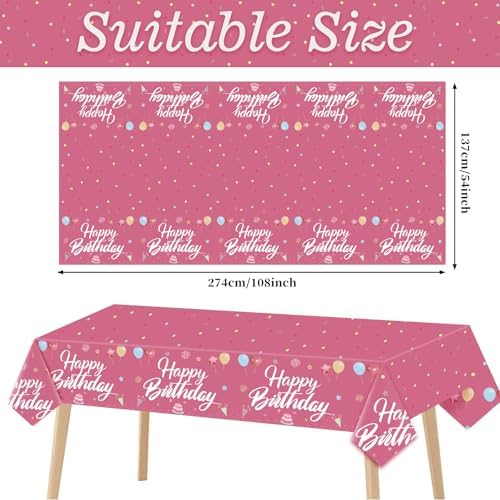Happy Birthday Tablecloth Decorations 2Pcs Hot Pink Waterproof 108x54 Inch