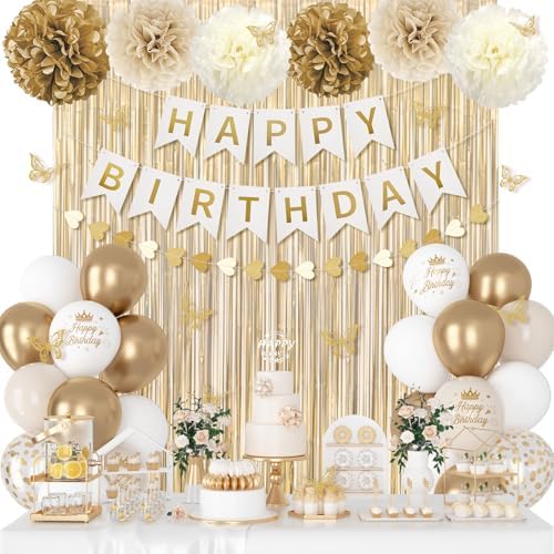 Ouddy Party White and Gold Birthday Decorations