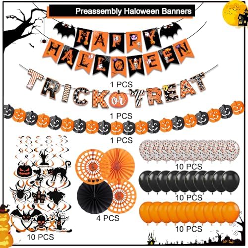 FECEDY Happy Halloween Decorations Banner Fan Balloons Streamers
