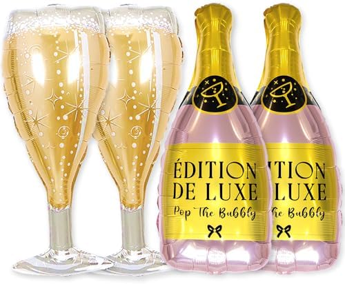 PartyForever Champagne Bottle Glass Balloon Set 4-Pack Large Foil Balloons