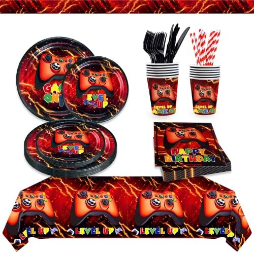 Mpanwen Red Gamer Party Supplies Set - 202Pcs for 25 Guests