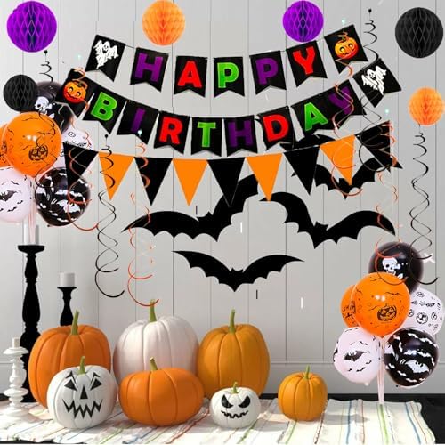 Halloween Birthday Decorations Set with Banners and Balloons