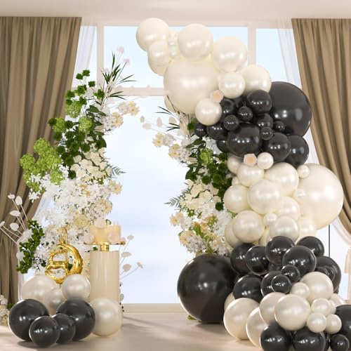 134pcs Double Stuffed Pearl White and Black Balloons Garland Arch Kit