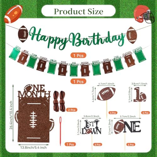Glitter Football Birthday Photo Banner Set with 24pcs Cake Toppers