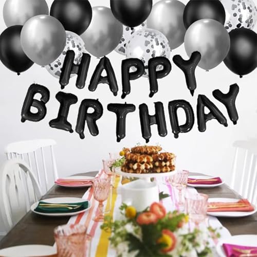 31PCS Birthday Balloons Decor Kit Black Silver Foil