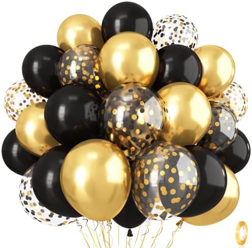 Black and Gold Confetti Balloons 12 Inch Set
