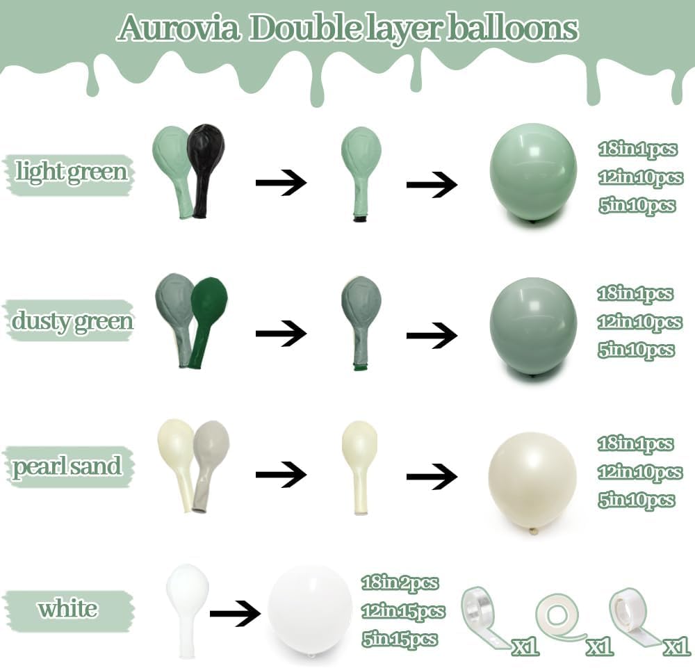 Dusty Green White Balloon Garland Party Decor Kit