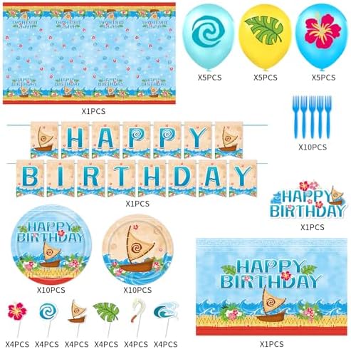Tropical Hawaiian Birthday Party Tableware Set with Balloons and Decorations