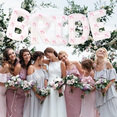 40 Inch White Bride Balloons with Pink Bows Set
