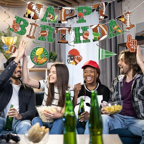 Hooqict Football Birthday Banner with 15 Hanging Swirls