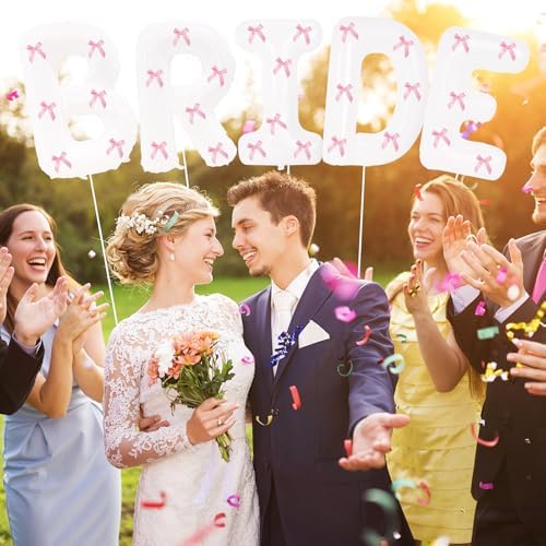 40 Inch White Bride Balloons with Pink Bows Set