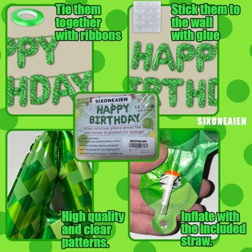 Green Pixel Miner Theme Birthday Foil Balloons