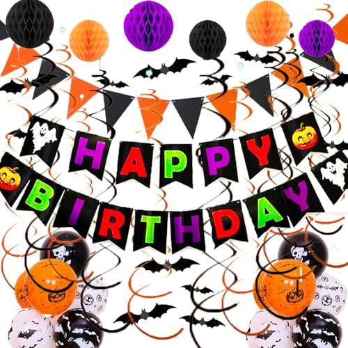 Halloween Birthday Decorations Set with Banners and Balloons