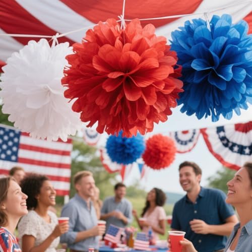 We Moment Red Blue White Paper Pom Poms Decorations 12pcs