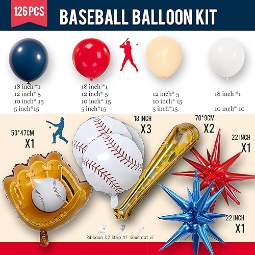 Baseball Balloon Garland Kit 126Pcs with Foil Star Balloons