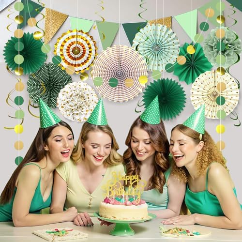 MEIWUTIE Green Gold Paper Fan Decorations Set